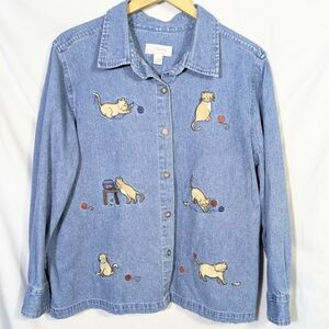 VIntage Y2K C.J. Banks Denim Jean Button Up Long Sleeve Textured Cat Shirt 1X